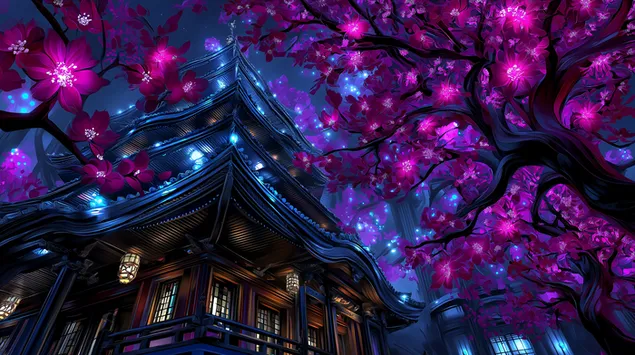 Мистично источноазиско светилиште искапено во биолуминисцентен сјај на цветање 2K тапет