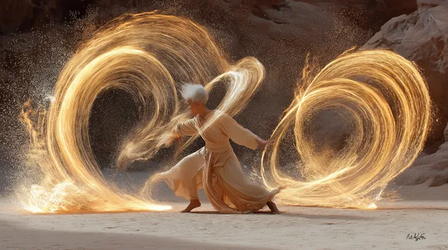 راقصة النار الغامضة في رمال الصحراء، مسارات الضوء الديناميكية 2K خلفية