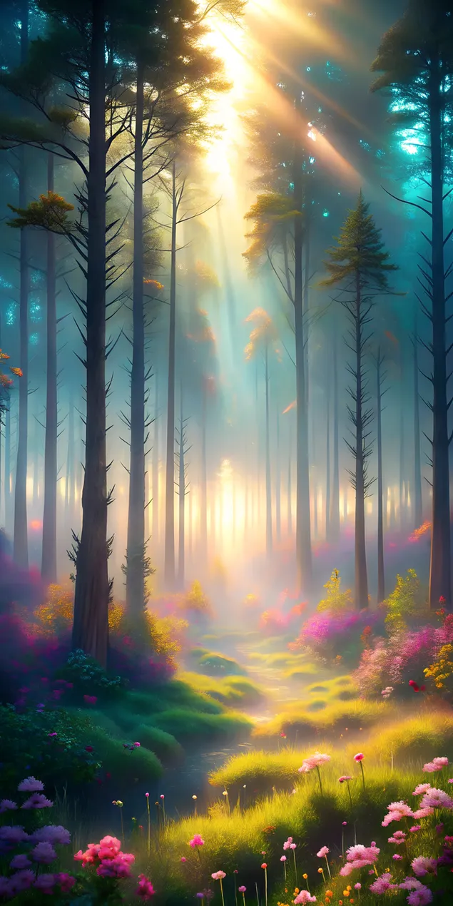 Mistična šuma preplavljena u dugoj magli i sjajnoj flori 2K pozadina