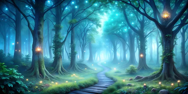 빛나는 나무, 빛나는 생물발광 식물, 고요한 안개가 있는 신비로운 숲길 4K 배경화면