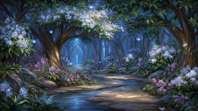 مجرى غابة غامض متعرج عبر الغابات المسحورة 2K خلفية