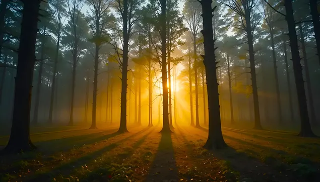 神秘森林日出：金色光芒穿过雾蒙蒙的树木 4K 壁纸