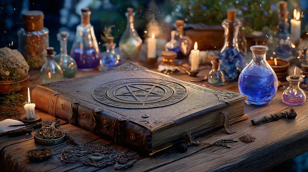 Ahşap Masa Üzerinde Yıldız Sembolü Bulunan Mistik Grimoire 2K duvar kağıdı