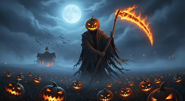 mystisk halloween-natt: en pumpaskordare med en flammande lie overvakar ett upplyst pumpalyktafalt under en spoklik fullmane. ladda ner