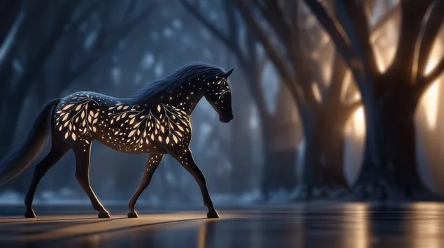 muat turun kuda mistik dengan corak daun bercahaya dalam latar hutan