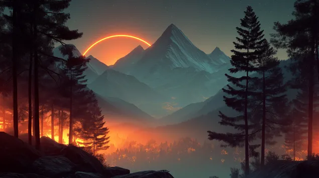 Mystical Mountain Vista at Twilight with Celestial Ring 2K kertas dinding