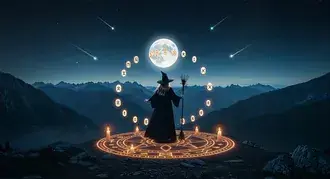 Mystesch Hex, déi e Moundritual ënner de Stären ausféiert - e verzaubernde Moment vun der magescher Dark Fantasy Halloween 2K Tapeten