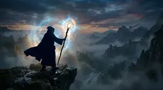 mystical wizard conjures magic on mountain peak at dusk download