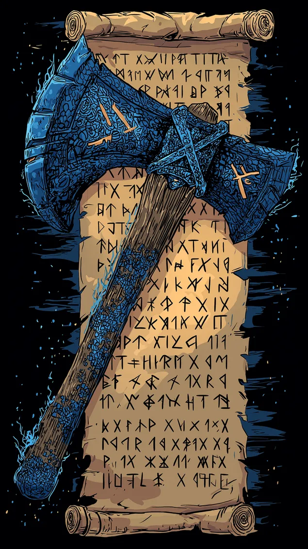 Mythesch Axt op enger aler Schrëftrull, eng verzaubert Artefaktdarstellung HD Tapeten