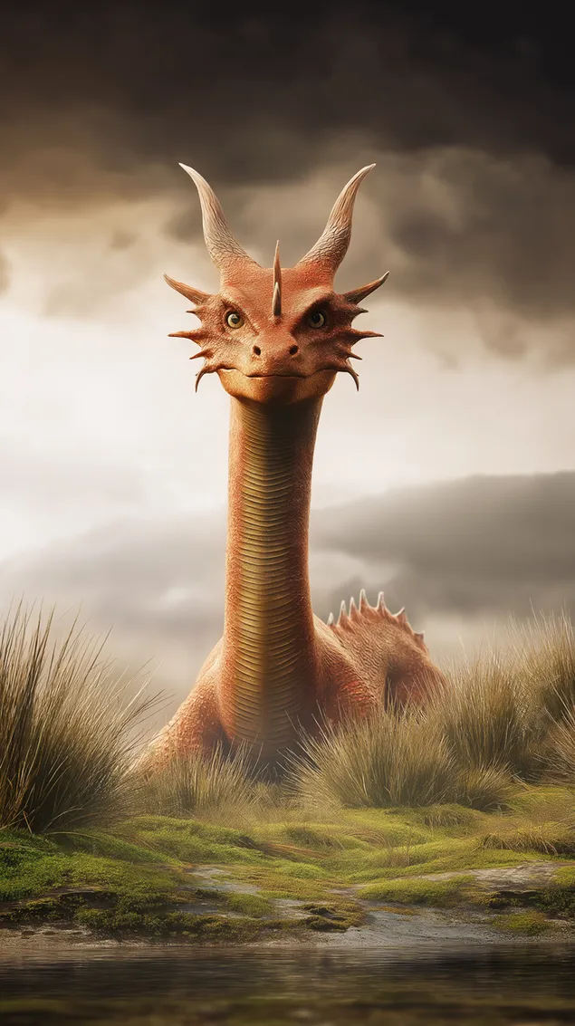 mitiese wese met horings wat uit grasagtige water te voorskyn kom aflaai