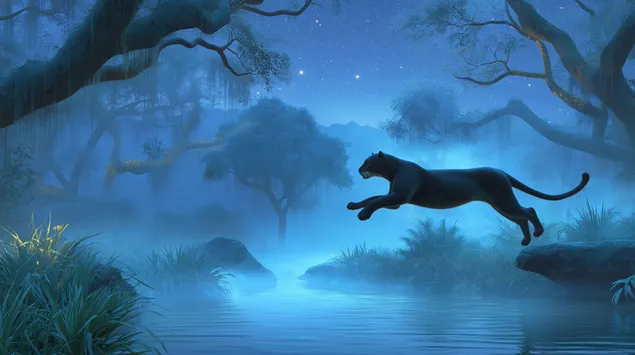 Tapeta Mýtický panter skákající přes kouzelný lesní potok 2K
