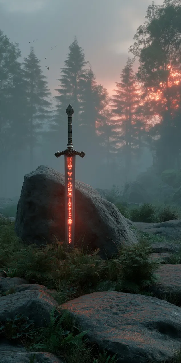 Шпалери Міфічний меч, що лежить на скелі з сяючими рунами на заході сонця HD