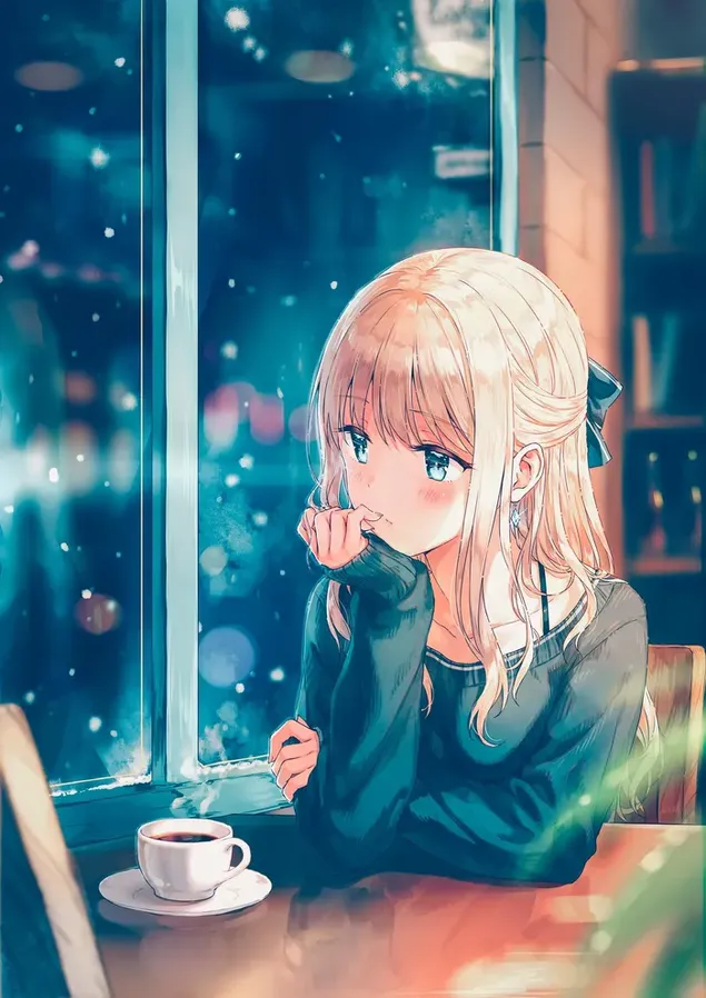 Nachdenkliches blondes Anime-Mädchen, das auf einem Stuhl mit Kaffee auf einem Holztisch sitzt und ihr Kinn hält herunterladen