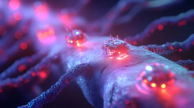 Nanobots wat kunsmatige weefsel verbeter in 'n gloeiende mikro-netwerk 8K muurpapier