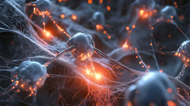 Nanobots wat binne 'n stralende kunsmatige matriks werk 8K muurpapier