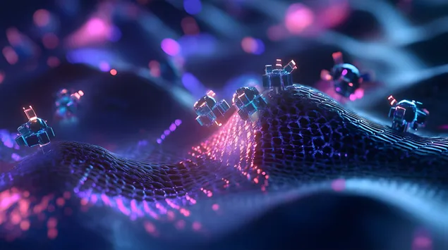 Nanotegnologie-bots in 'n gloeiende kunsmatige weefselnetwerk 8K muurpapier