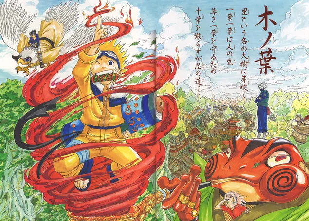 Naruto junto con sus amigos y Tode Sage traen el pergamino secreto a la aldea.