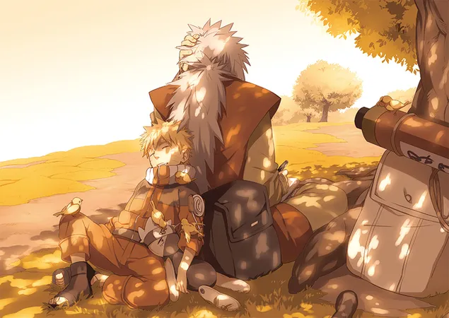 Naruto está durmiendo con el apoyo de Jiraya sansei bajo el árbol.