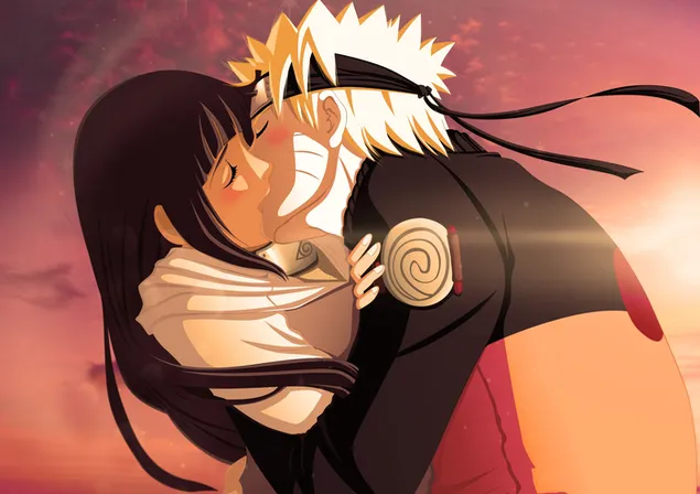 Naruto besando a su amada Hinata en una hermosa velada senset