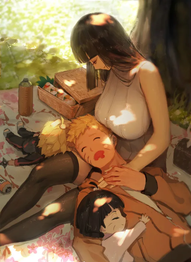 Naruto tomando una siesta con sus hijos en los brazos de su amante
