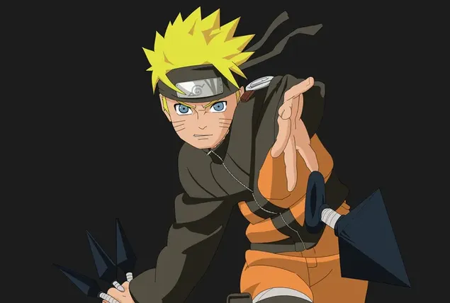 Naruto Uzumaki udający ninja z blond włosami i niebieskimi oczami na czarnym tle 8K tapeta