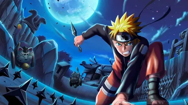 Naruto Uzumaki stojący z ręką na ziemi z blond włosami w nocnym krajobrazie pełni księżyca HD tapeta
