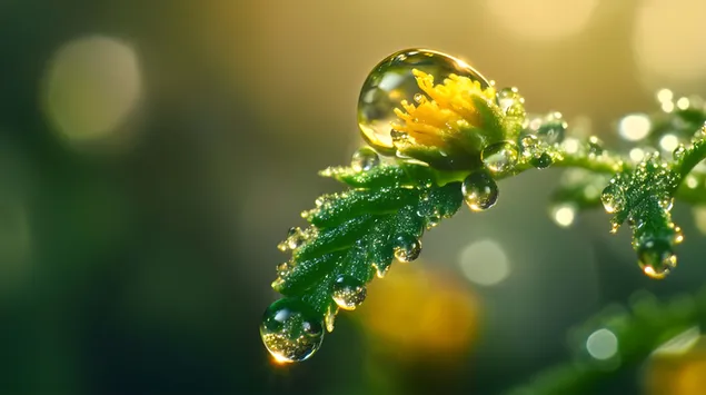 Natürliche Kunst: Tautropfen auf Blatt Nahaufnahme 8K Hintergrundbild