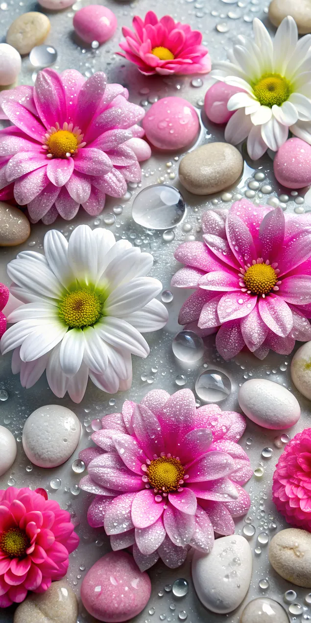 Natuurlike blom pienk en wit met klippies en druppels 2K muurpapier