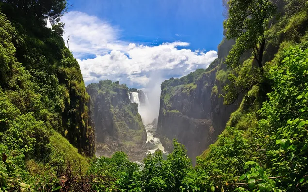 Natürlicher Wasserfall, der in den bewölkten blauen Himmel und Wälder, Bäume und Felsen rund um den Wasserfall zu fließen scheint 2K Hintergrundbild