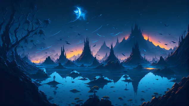 Natuur fantasie landschap weerspiegeld in meer 's nachts download