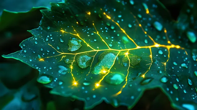 natuur se lig: stralende are op 'n groen blaar aflaai