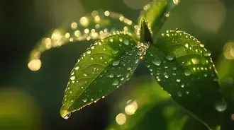 자연의 눈물방울: 신선한 잎에 맺힌 물방울의 아름다움 8K 배경화면