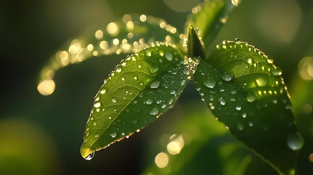prirodne slzy: krasa vodnych kvapiek na cerstvych listoch stiahnut
