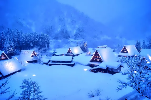 Nebelhaftes Dorf im Winter
