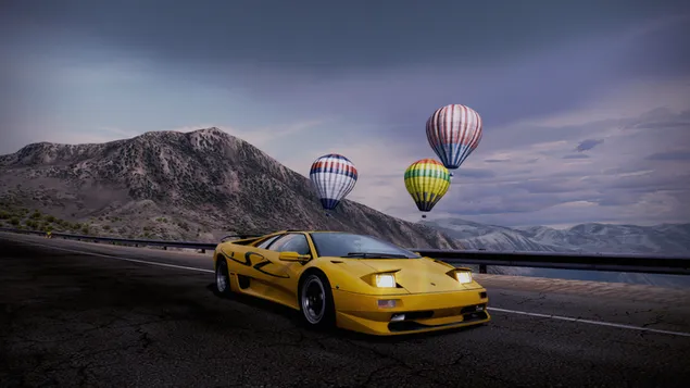 Necesidad de velocidad: Lamborghini amarillo y globo aerostático 4K fondo de pantalla