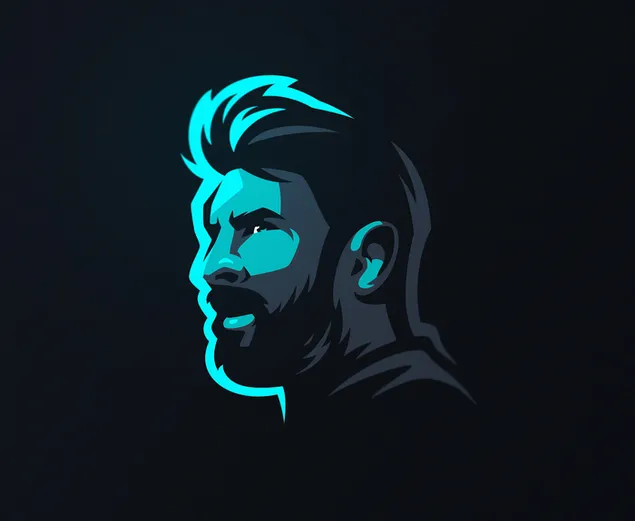 Neon blauwe tekening van Lionel Messi op zwarte achtergrond