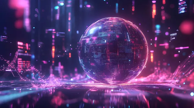 globo digital de neon rodeado de transmisiones ciberneticas descargar