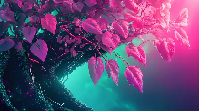 ניאון פיוז'ן: עלים מתכתיים ושורשים דיגיטליים בהרמוניה 8K טפט