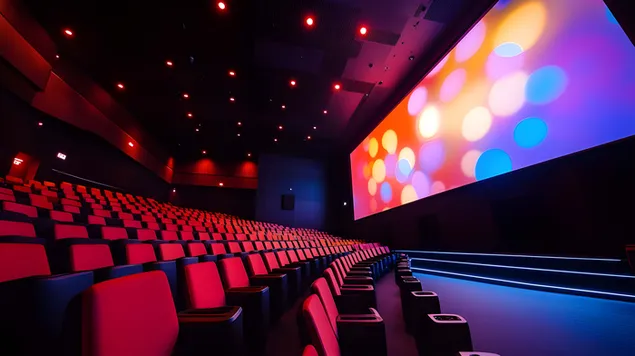 Neonbelyst futuristisk teater med uppslukande filmisk design 8K bakgrund