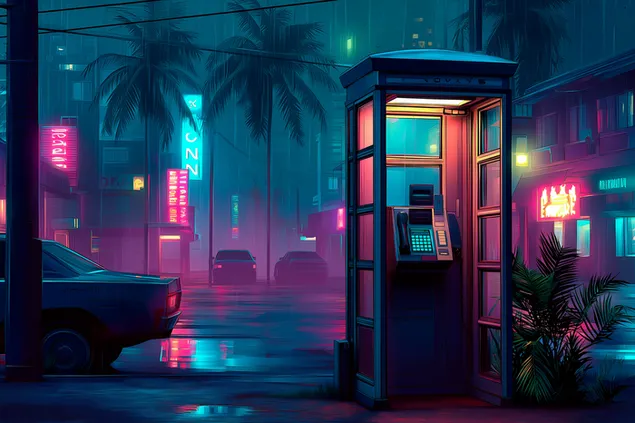 Tapeta Neonem osvětlená moderní skleněná telefonní budka ve městě 2K