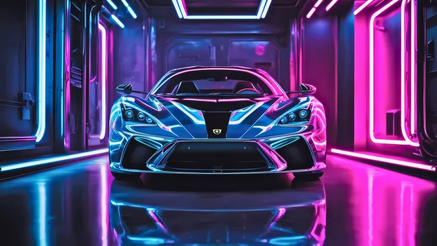 Supercar ניאון - Supercar הוצג לראווה במוסך מואר ניאון. 4K טפט