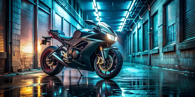 ניאון נואר, סופרבייק שחור מלוטש בסמטה עירונית מוצלת 4K טפט