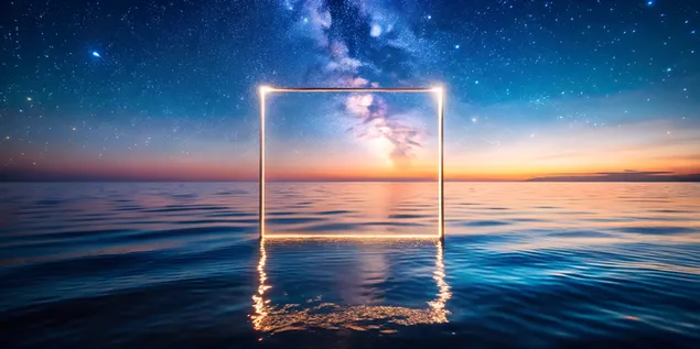 Neonweerkaatsing, deursigtige vierkant wat oor die skemer-oseaan sweef 4K muurpapier