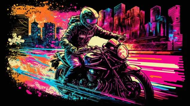 ניאון בלאגן של אופנוע מלוטש בעיר עתידנית 8K טפט