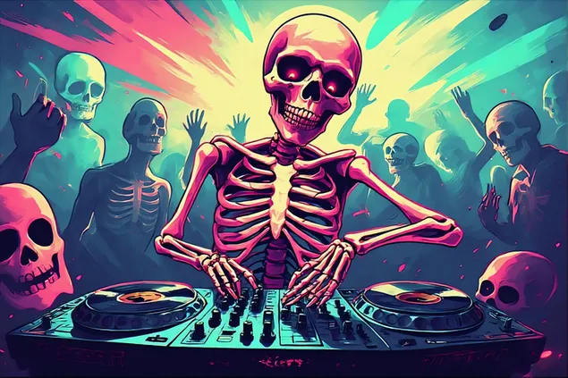 dj scheletro al neon che suona dischi in un rave infestato, luci luminose e ballerini spettrali tutt'intorno''2 scarica
