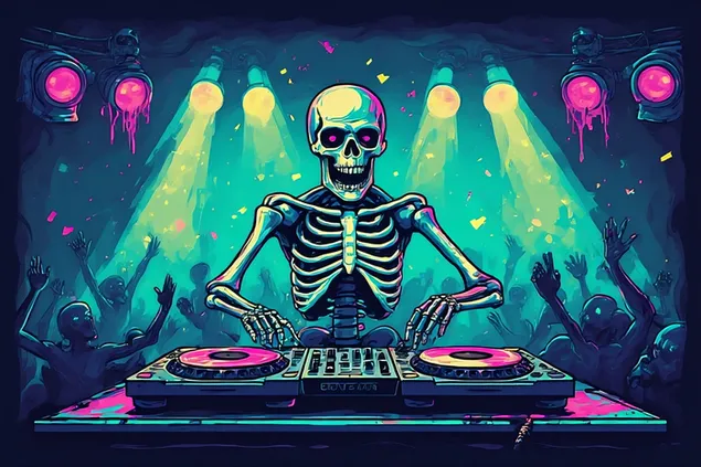 dj scheletro al neon che suona dischi in un rave infestato, luci luminose e ballerini spettrali tutt'intorno'' scarica