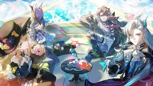 Páipéar balla Neuvillette le Wriothesley, Navia & Clorinde - Tionchar Genshin (Físchluiche Ar Líne)8K