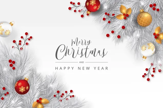 Neujahrsfeierbild mit "Frohe Weihnachten"-Schriftzug zwischen verschiedenen Ornamenten