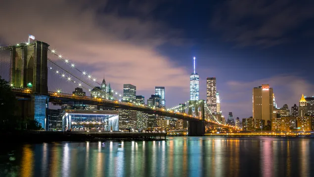 Puente y paisaje marino de la noche de New York City 4K fondo de pantalla