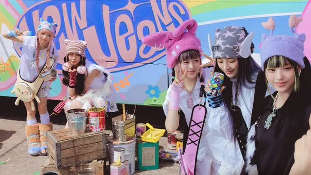 NewJeans 모든 멤버가 승리의 표시를 보이고 있습니다 | PUBG Shoot 4K 배경화면